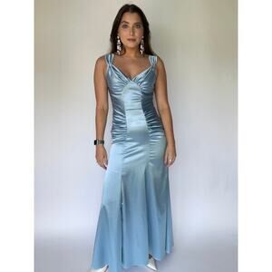 90s Y2K Ice Blue Ruched Fitted Formal Evening Maxi Gown